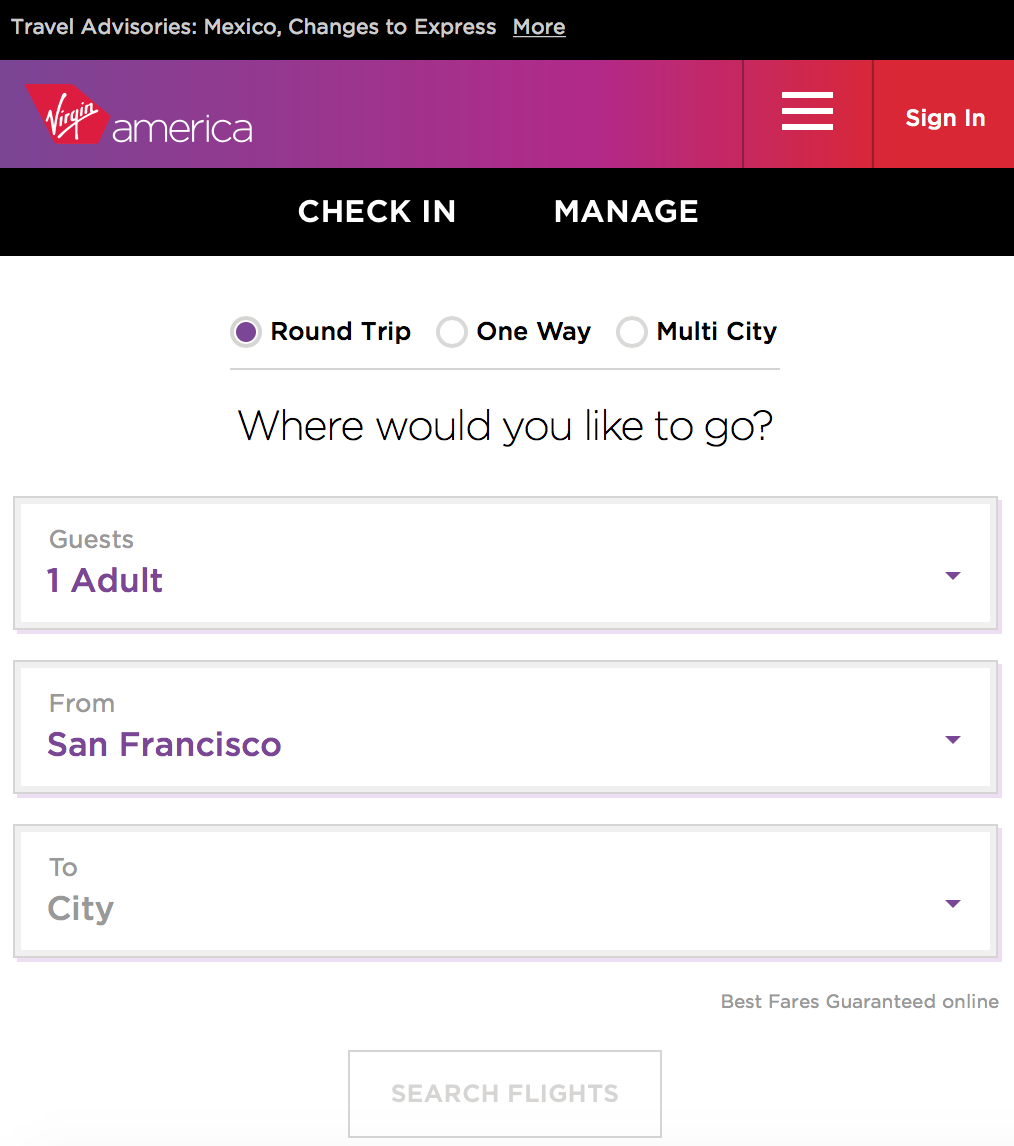 Virgin Mobile for a mobile device. Critical features “Check In” and “Manage” available on the main scree. Here hamburger menu used as an addition.