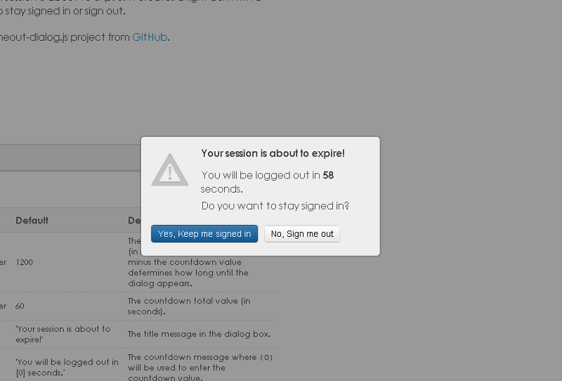 Session expiration dialog.