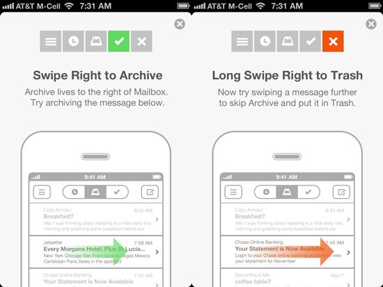 Onboarding tutorial in Mailbox app for iOS