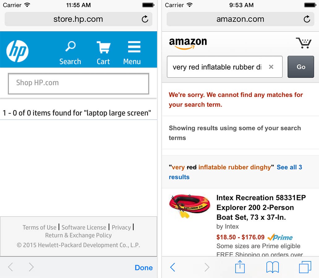 A “no results” page as seen at HP example is essentially a dead-end for the user. It stands in sharp contrast to the page that had contextual category or search query suggestions at the no-results page, as seen in the Amazon example